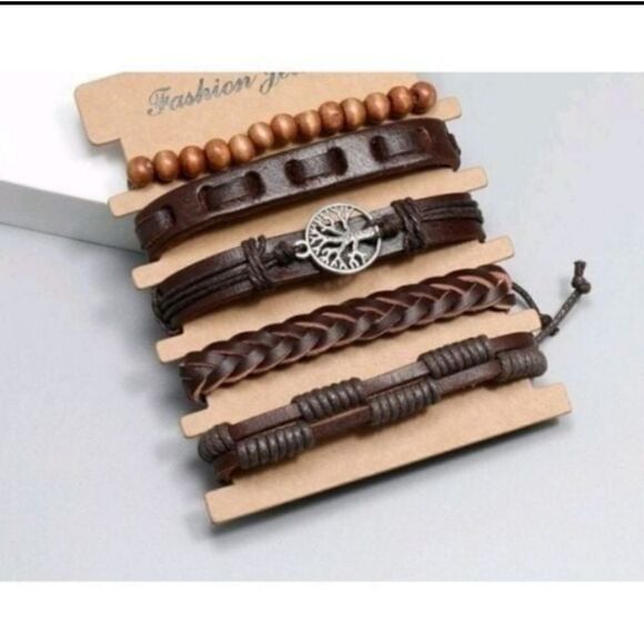 5 men's leather bracelets set layered braided beaded brown new e50 - Picture 1 of 2